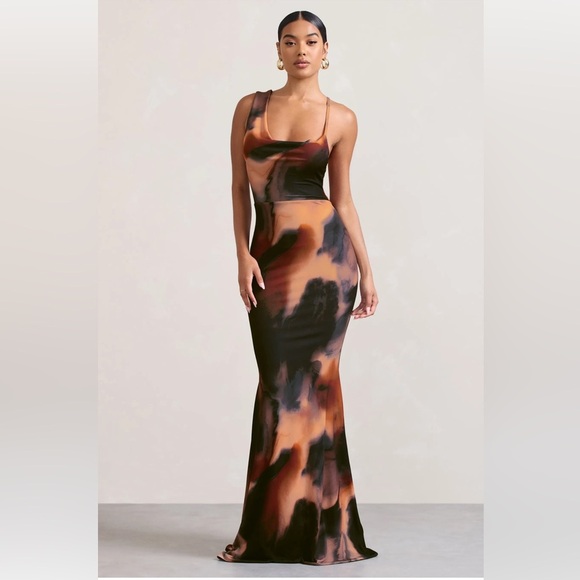 CLUB L London Phantasy Orange Smoke Print Asymmetric Cowl Maxi Dress size 2 NWT - Picture 1 of 13